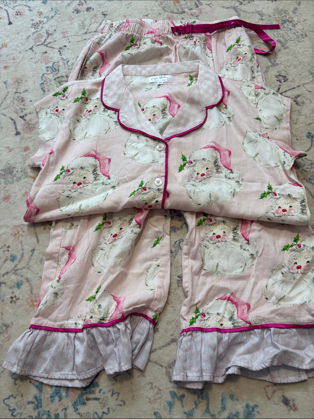 Girls Pink Holiday Cat Print Pajama Set with Dark Pink Trim